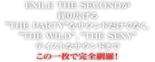 EXILE THE SECONDが繰り広げる“THE PARTY”なサウンドだけでなく、“THE WILD”、“THE SEXY”テイストなサウンドまでこの一枚で完全網羅！